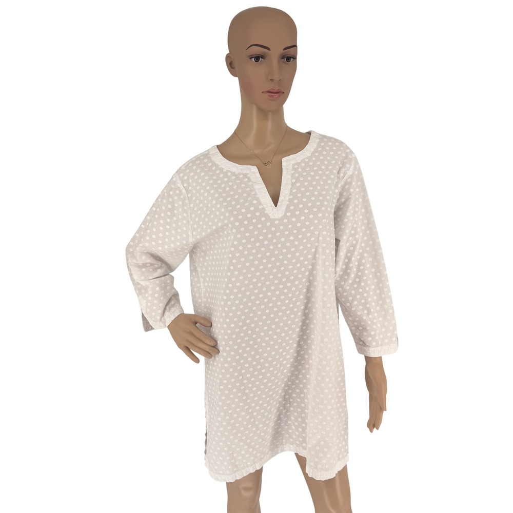 Talbots White Swiss Dot Cotton Tunic Top Split Neck 3/4 Sleeve‎ Women's Large
